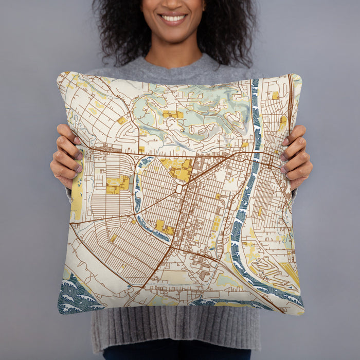 Person holding 18x18 Custom Longview Washington Map Throw Pillow in Woodblock