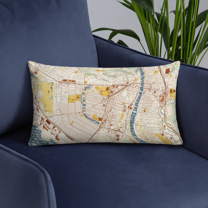 Custom Longview Washington Map Throw Pillow in Woodblock on Blue Colored Chair