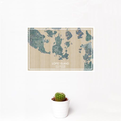 12x18 Lopez Island Washington Map Print Landscape Orientation in Afternoon Style With Small Cactus Plant in White Planter