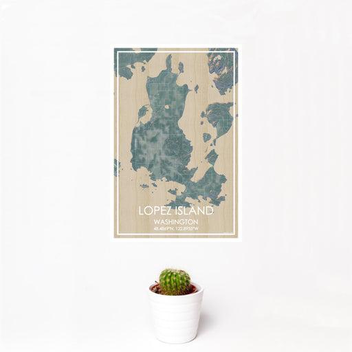 12x18 Lopez Island Washington Map Print Portrait Orientation in Afternoon Style With Small Cactus Plant in White Planter