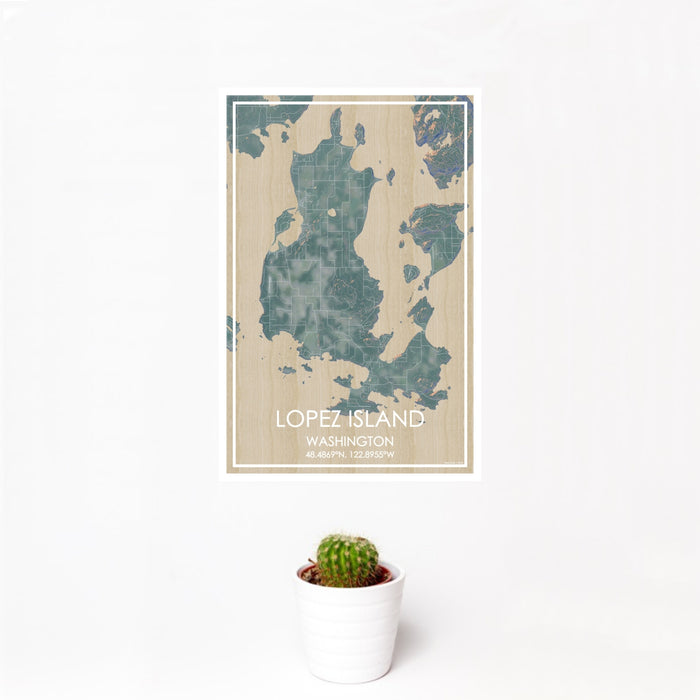 12x18 Lopez Island Washington Map Print Portrait Orientation in Afternoon Style With Small Cactus Plant in White Planter
