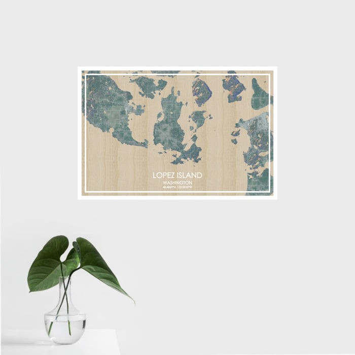 16x24 Lopez Island Washington Map Print Landscape Orientation in Afternoon Style With Tropical Plant Leaves in Water