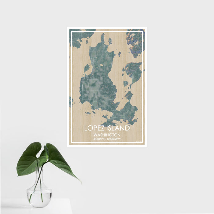 16x24 Lopez Island Washington Map Print Portrait Orientation in Afternoon Style With Tropical Plant Leaves in Water