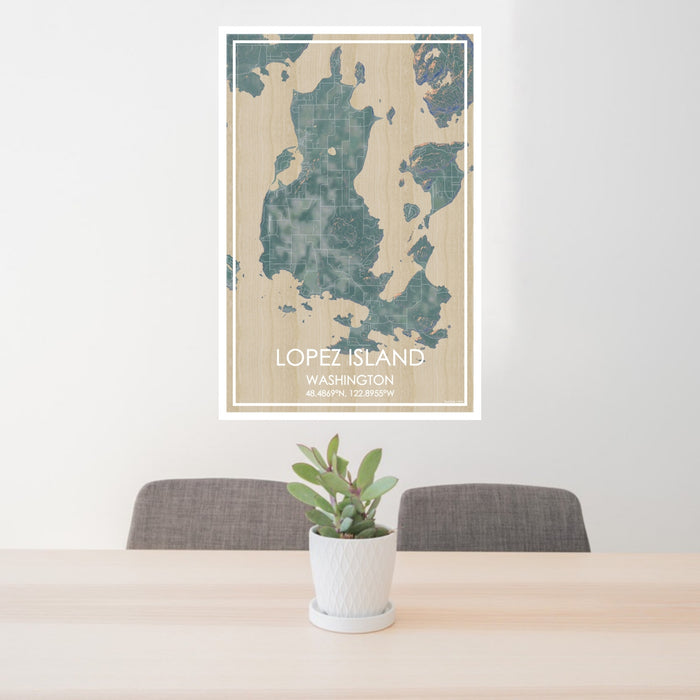 24x36 Lopez Island Washington Map Print Portrait Orientation in Afternoon Style Behind 2 Chairs Table and Potted Plant