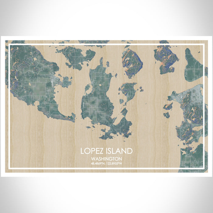 Lopez Island Washington Map Print Landscape Orientation in Afternoon Style With Shaded Background