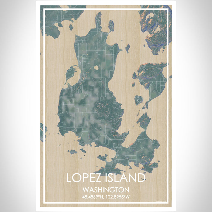Lopez Island Washington Map Print Portrait Orientation in Afternoon Style With Shaded Background