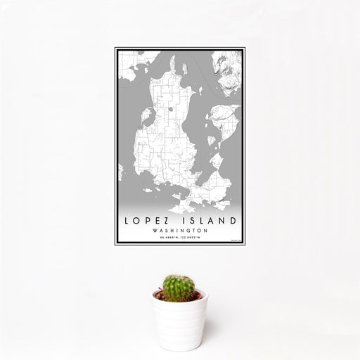 12x18 Lopez Island Washington Map Print Portrait Orientation in Classic Style With Small Cactus Plant in White Planter