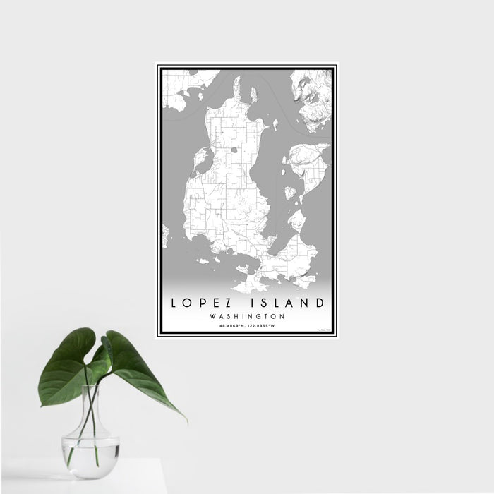 16x24 Lopez Island Washington Map Print Portrait Orientation in Classic Style With Tropical Plant Leaves in Water