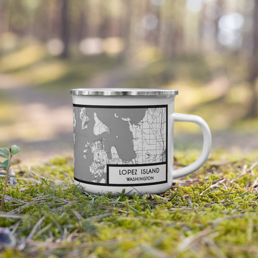 Right View Custom Lopez Island Washington Map Enamel Mug in Classic on Grass With Trees in Background