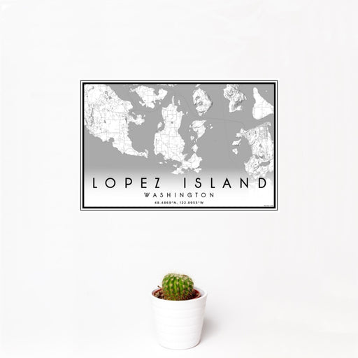 12x18 Lopez Island Washington Map Print Landscape Orientation in Classic Style With Small Cactus Plant in White Planter