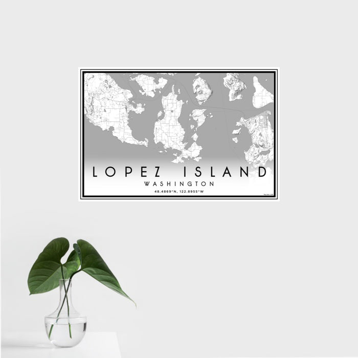 16x24 Lopez Island Washington Map Print Landscape Orientation in Classic Style With Tropical Plant Leaves in Water