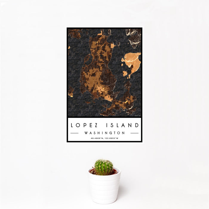 12x18 Lopez Island Washington Map Print Portrait Orientation in Ember Style With Small Cactus Plant in White Planter