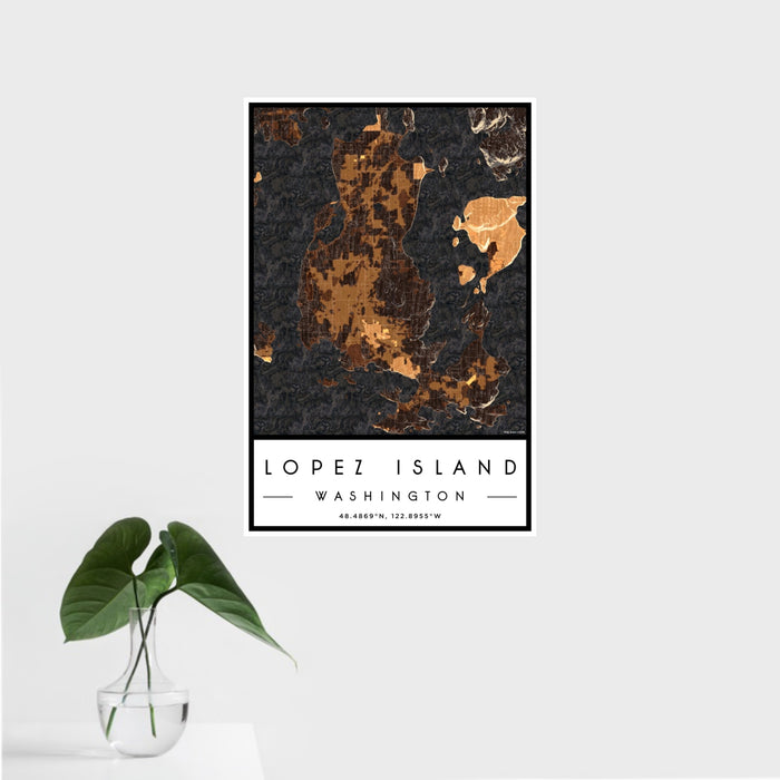 16x24 Lopez Island Washington Map Print Portrait Orientation in Ember Style With Tropical Plant Leaves in Water