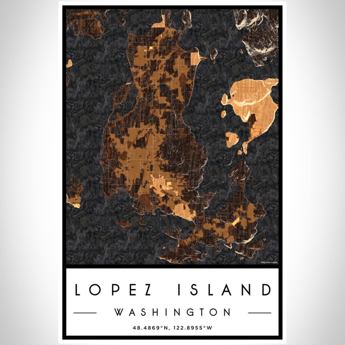 Lopez Island Washington Map Print Portrait Orientation in Ember Style With Shaded Background
