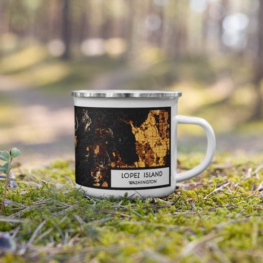 Right View Custom Lopez Island Washington Map Enamel Mug in Ember on Grass With Trees in Background