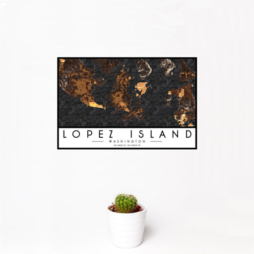 12x18 Lopez Island Washington Map Print Landscape Orientation in Ember Style With Small Cactus Plant in White Planter