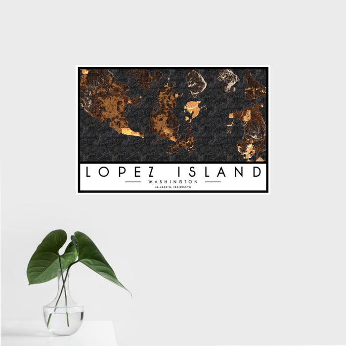 16x24 Lopez Island Washington Map Print Landscape Orientation in Ember Style With Tropical Plant Leaves in Water