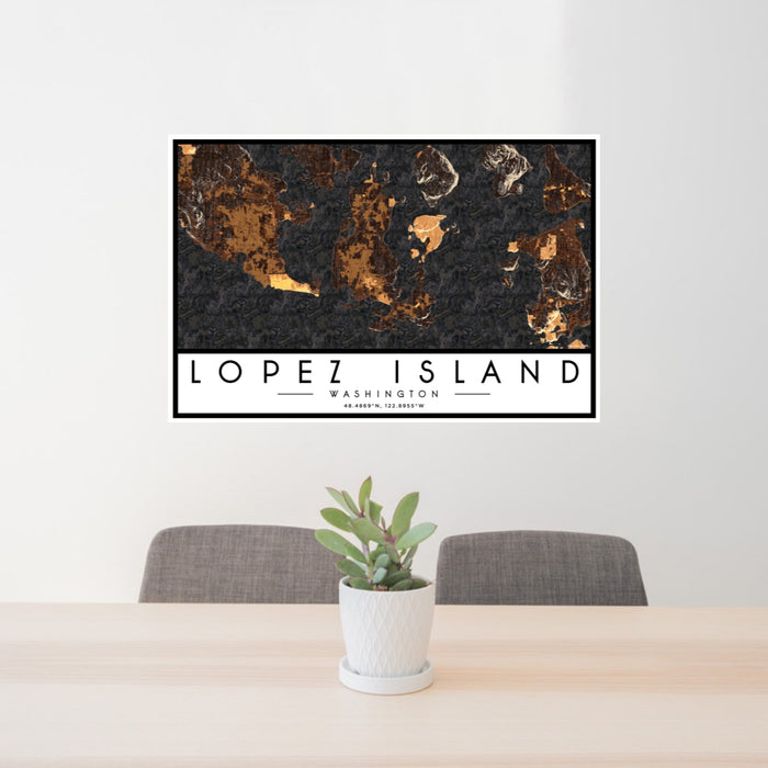24x36 Lopez Island Washington Map Print Landscape Orientation in Ember Style Behind 2 Chairs Table and Potted Plant