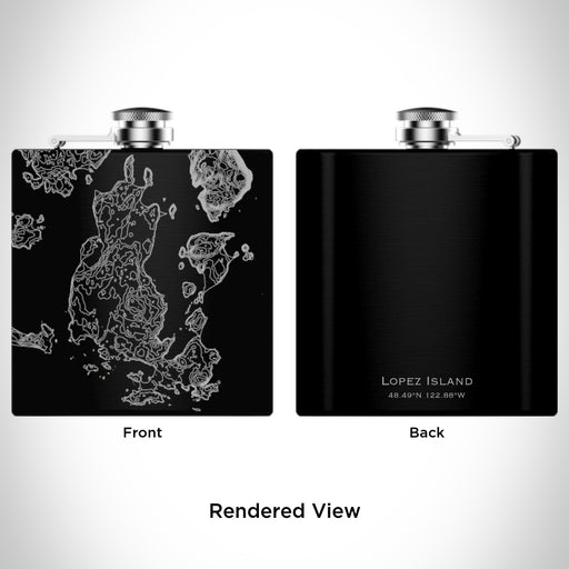 Rendered View of Lopez Island Washington Map Engraving on 6oz Stainless Steel Flask in Black