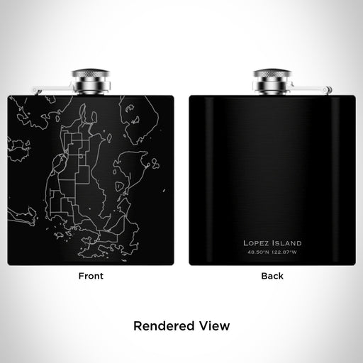 Rendered View of Lopez Island Washington Map Engraving on 6oz Stainless Steel Flask in Black