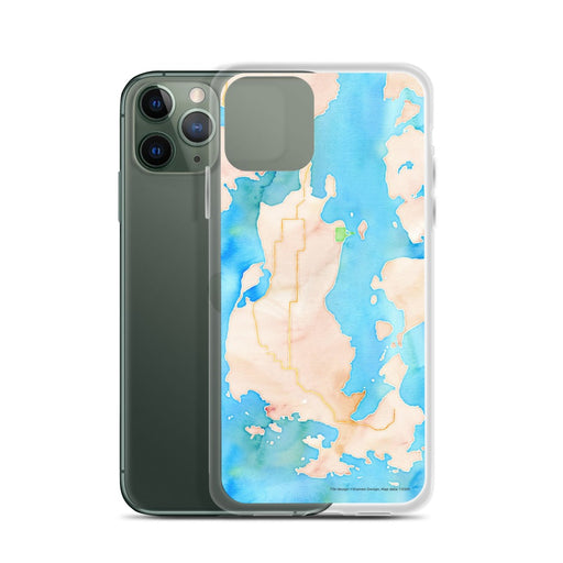 Custom Lopez Island Washington Map Phone Case in Watercolor on Table with Laptop and Plant