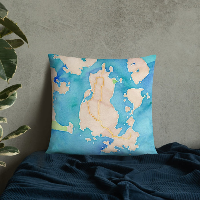 Custom Lopez Island Washington Map Throw Pillow in Watercolor on Bedding Against Wall