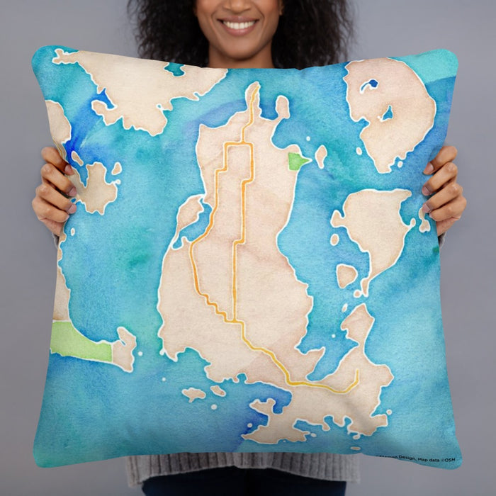 Person holding 22x22 Custom Lopez Island Washington Map Throw Pillow in Watercolor
