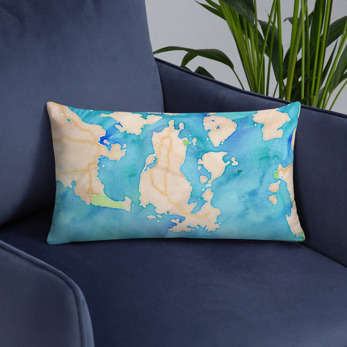 Custom Lopez Island Washington Map Throw Pillow in Watercolor on Blue Colored Chair
