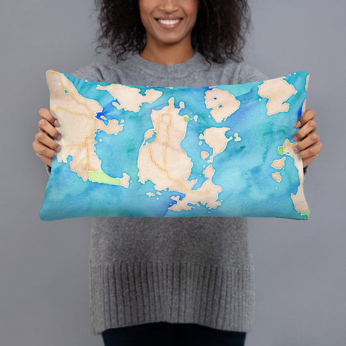 Person holding 20x12 Custom Lopez Island Washington Map Throw Pillow in Watercolor
