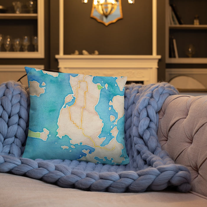Custom Lopez Island Washington Map Throw Pillow in Watercolor on Cream Colored Couch