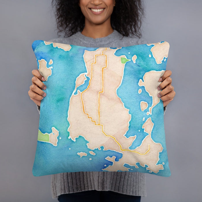 Person holding 18x18 Custom Lopez Island Washington Map Throw Pillow in Watercolor