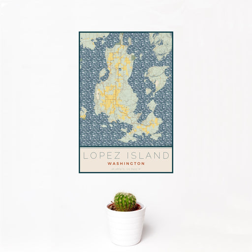 12x18 Lopez Island Washington Map Print Portrait Orientation in Woodblock Style With Small Cactus Plant in White Planter