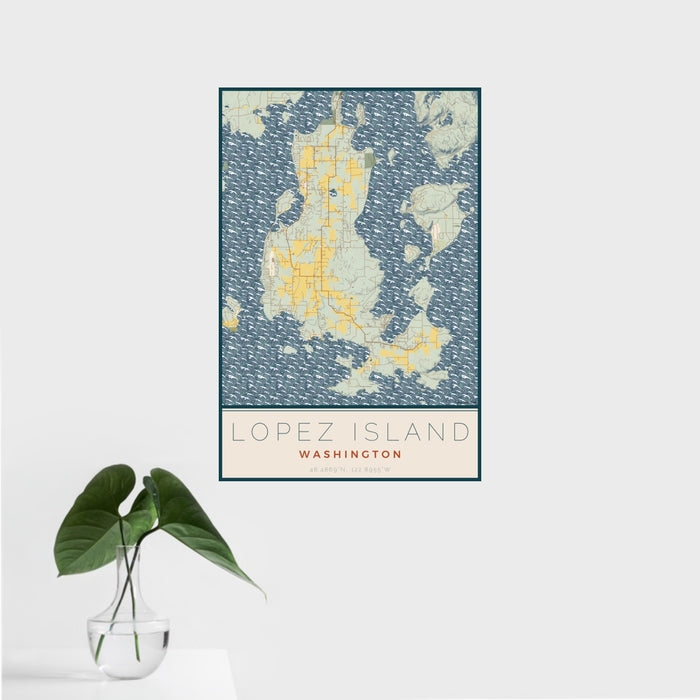 16x24 Lopez Island Washington Map Print Portrait Orientation in Woodblock Style With Tropical Plant Leaves in Water