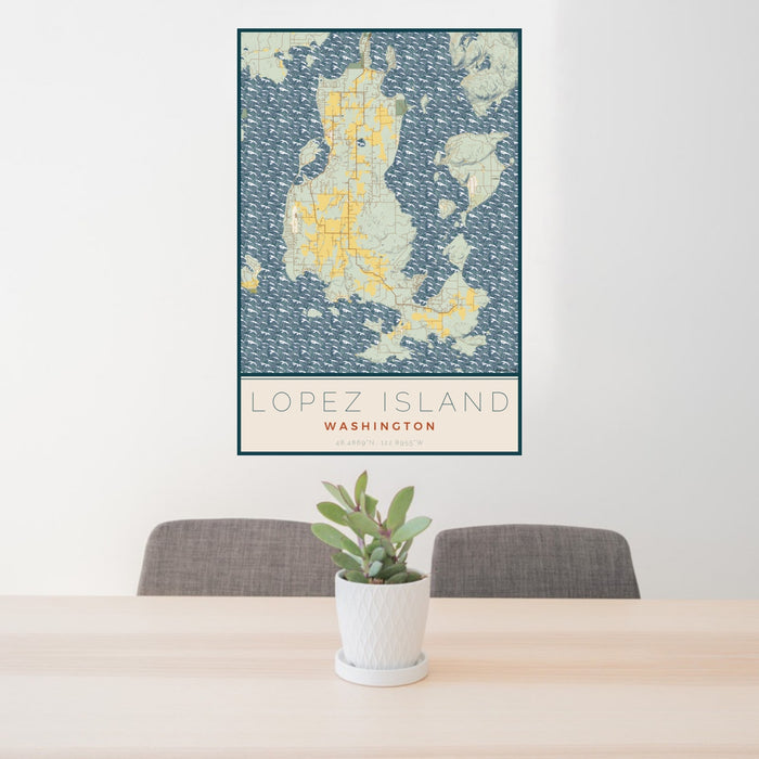24x36 Lopez Island Washington Map Print Portrait Orientation in Woodblock Style Behind 2 Chairs Table and Potted Plant