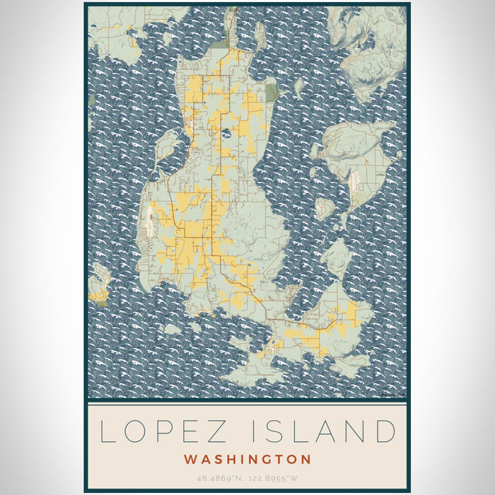 Lopez Island Washington Map Print Portrait Orientation in Woodblock Style With Shaded Background