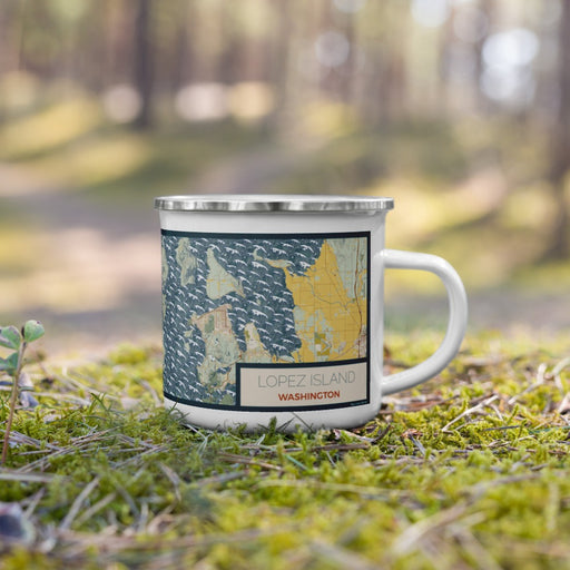 Right View Custom Lopez Island Washington Map Enamel Mug in Woodblock on Grass With Trees in Background