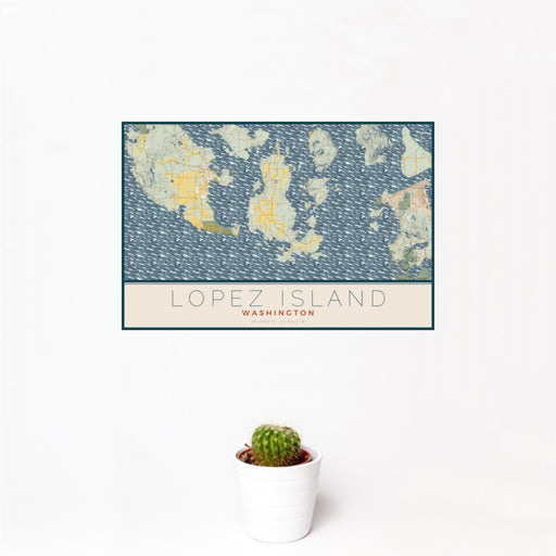 12x18 Lopez Island Washington Map Print Landscape Orientation in Woodblock Style With Small Cactus Plant in White Planter