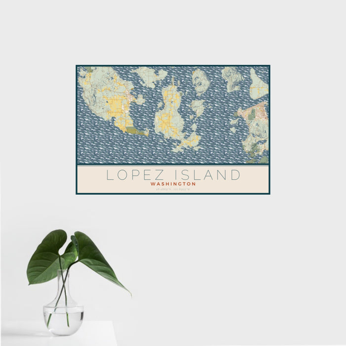 16x24 Lopez Island Washington Map Print Landscape Orientation in Woodblock Style With Tropical Plant Leaves in Water
