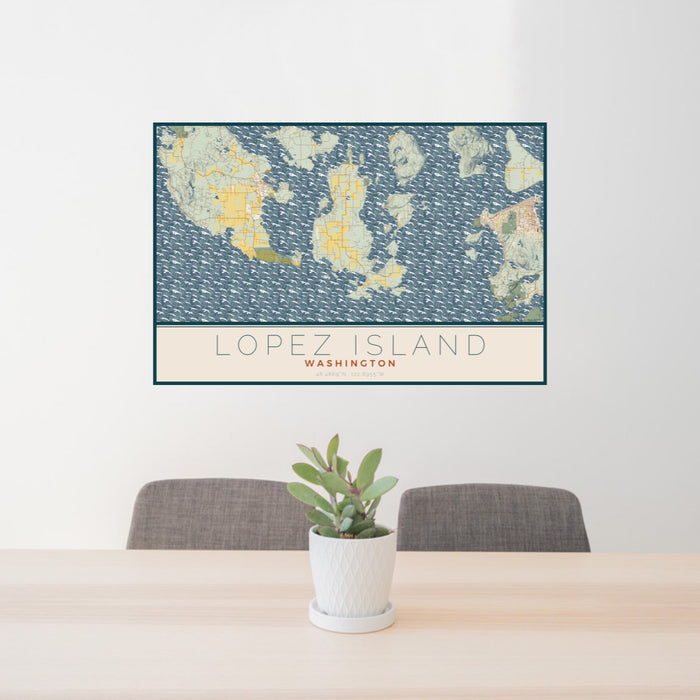 24x36 Lopez Island Washington Map Print Landscape Orientation in Woodblock Style Behind 2 Chairs Table and Potted Plant