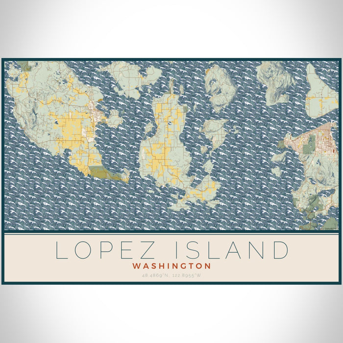 Lopez Island Washington Map Print Landscape Orientation in Woodblock Style With Shaded Background