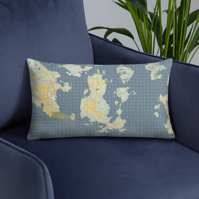 Custom Lopez Island Washington Map Throw Pillow in Woodblock on Blue Colored Chair