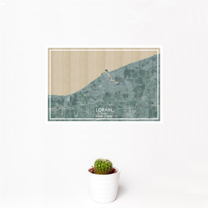 12x18 Lorain Ohio Map Print Landscape Orientation in Afternoon Style With Small Cactus Plant in White Planter