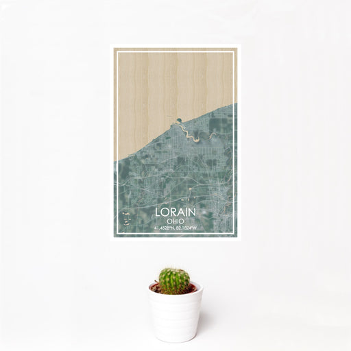 12x18 Lorain Ohio Map Print Portrait Orientation in Afternoon Style With Small Cactus Plant in White Planter