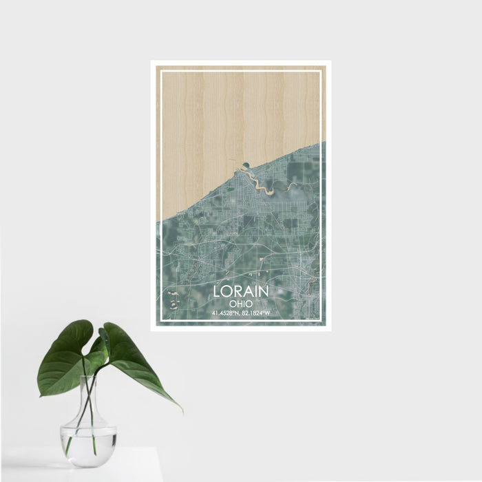 16x24 Lorain Ohio Map Print Portrait Orientation in Afternoon Style With Tropical Plant Leaves in Water