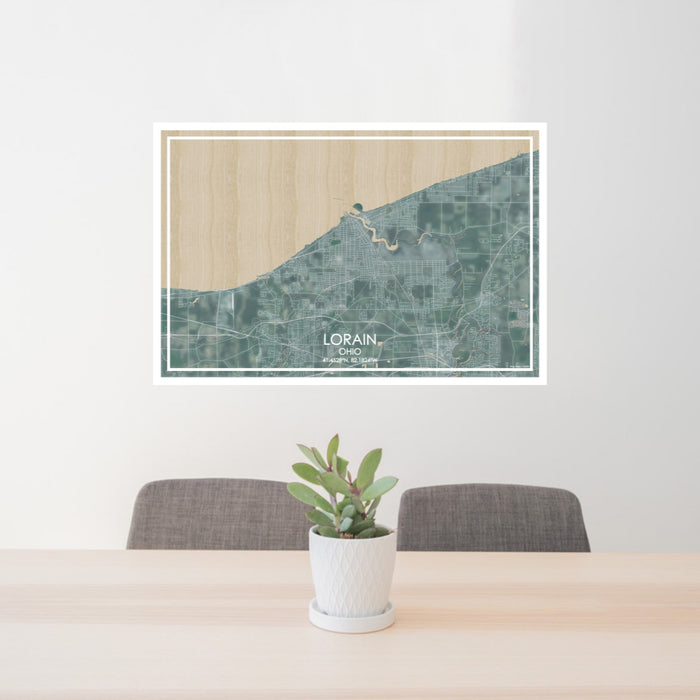 24x36 Lorain Ohio Map Print Lanscape Orientation in Afternoon Style Behind 2 Chairs Table and Potted Plant