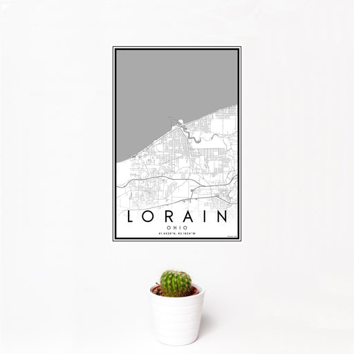 12x18 Lorain Ohio Map Print Portrait Orientation in Classic Style With Small Cactus Plant in White Planter