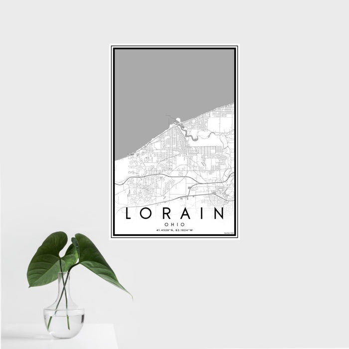 16x24 Lorain Ohio Map Print Portrait Orientation in Classic Style With Tropical Plant Leaves in Water