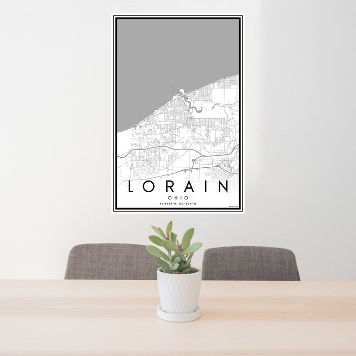 24x36 Lorain Ohio Map Print Portrait Orientation in Classic Style Behind 2 Chairs Table and Potted Plant