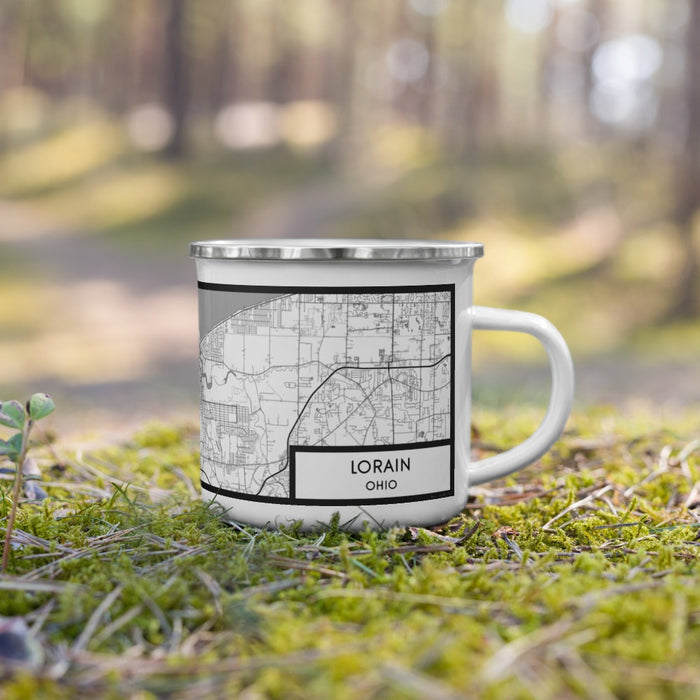 Right View Custom Lorain Ohio Map Enamel Mug in Classic on Grass With Trees in Background