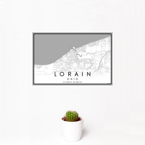 12x18 Lorain Ohio Map Print Landscape Orientation in Classic Style With Small Cactus Plant in White Planter
